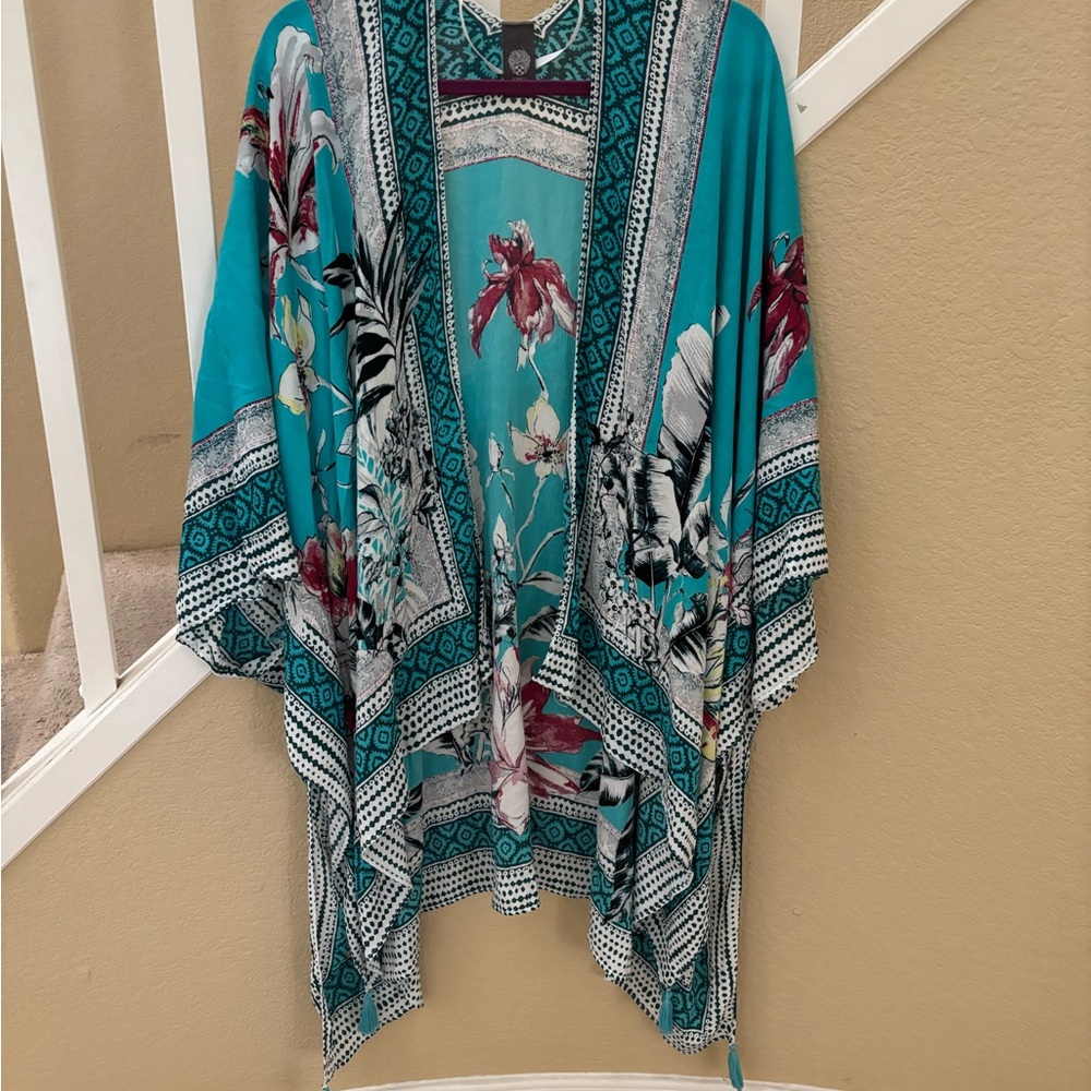 Vince Camuto Teal Floral  100% Rayon Kimono Cardigan